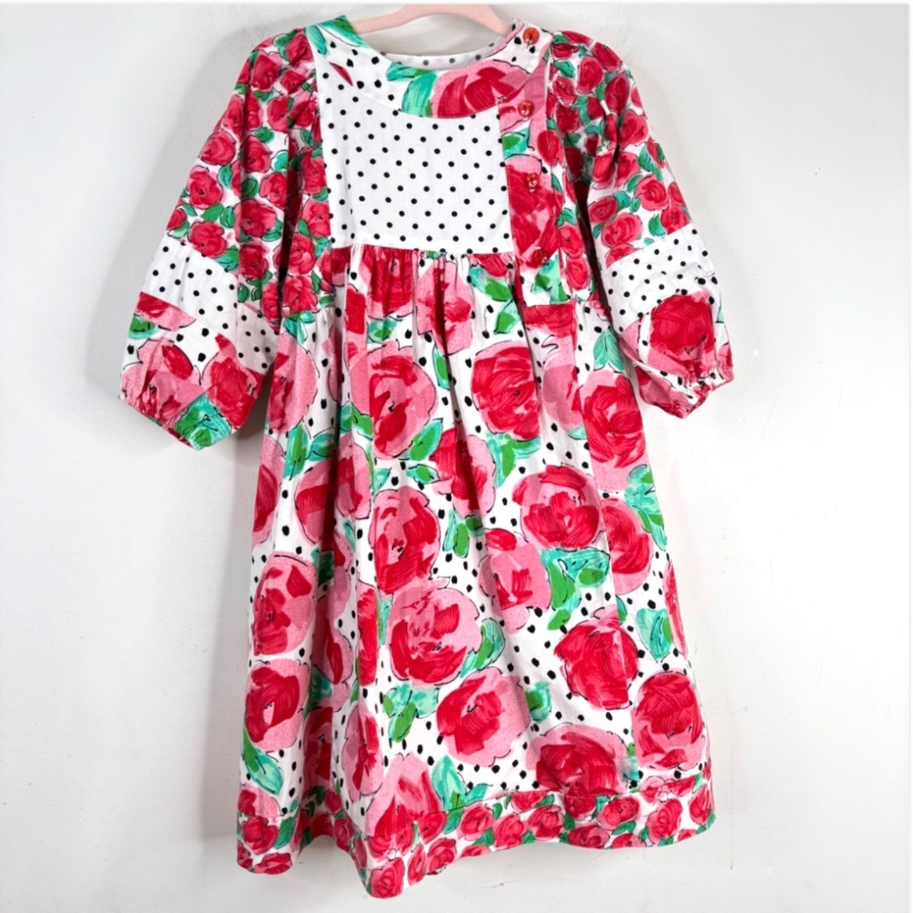 VTG 90s Mousefeathers Dress 6 Pink Floral Polka Dot Cottage Puff Sleeve Retro